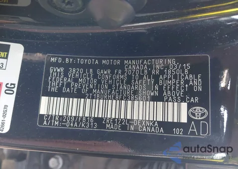 2015 Toyota Corolla Le из США, поврежденный, VIN 2T1BURHE8FC385601